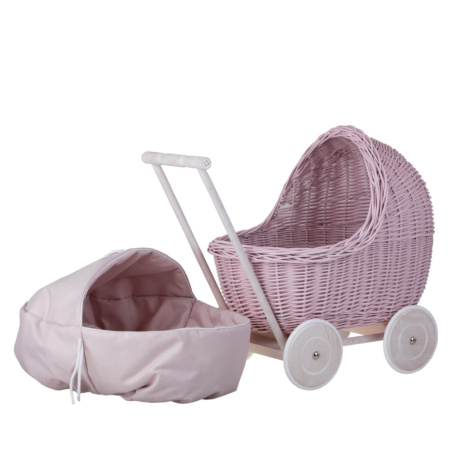 Lili wicker doll stroller with beige trim, blanket, and pillow