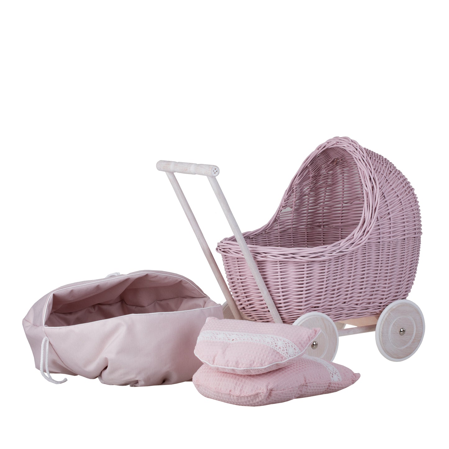 Lili wicker doll stroller with beige trim, blanket, and pillow