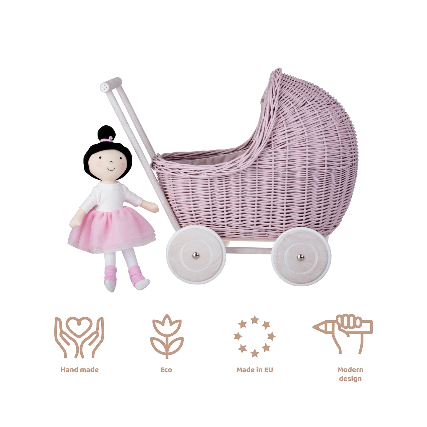 Lili wicker doll stroller with beige trim, blanket, and pillow