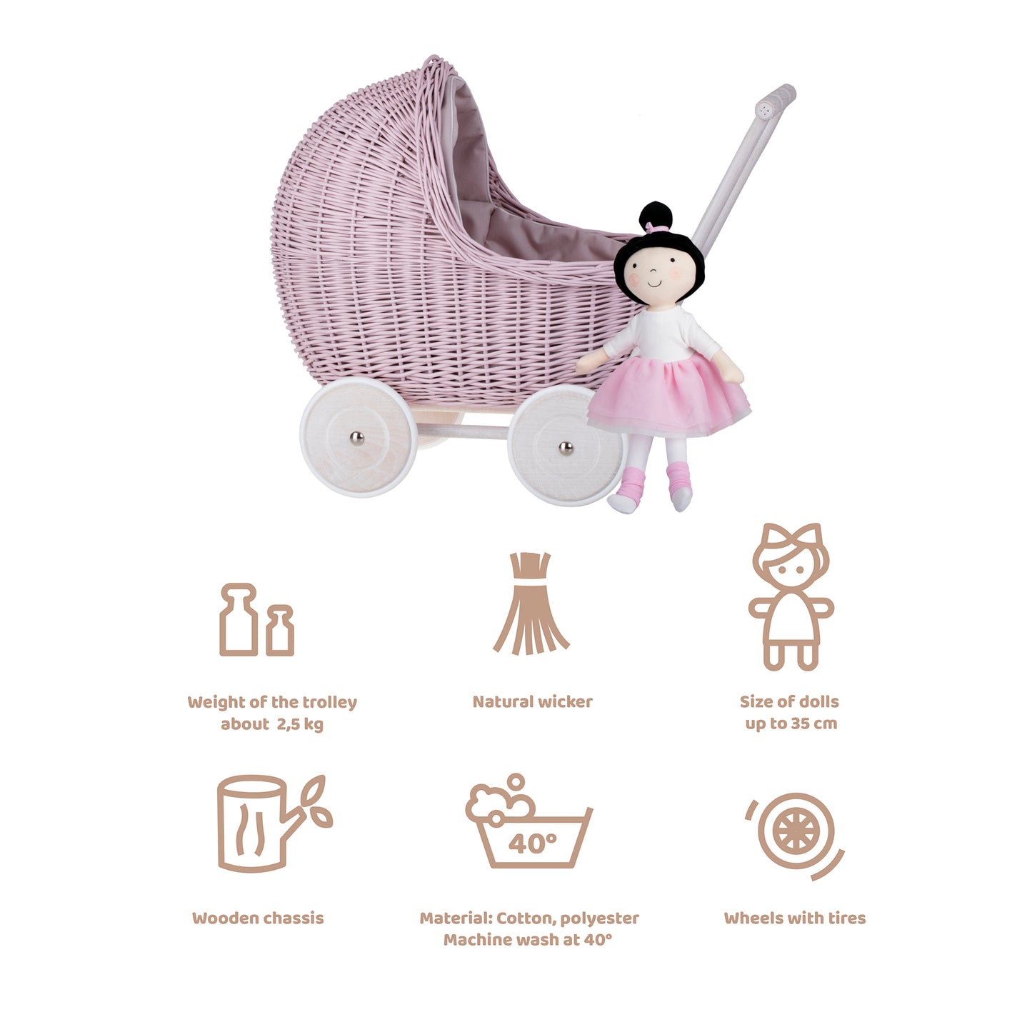 Lili wicker doll stroller with beige trim, blanket, and pillow