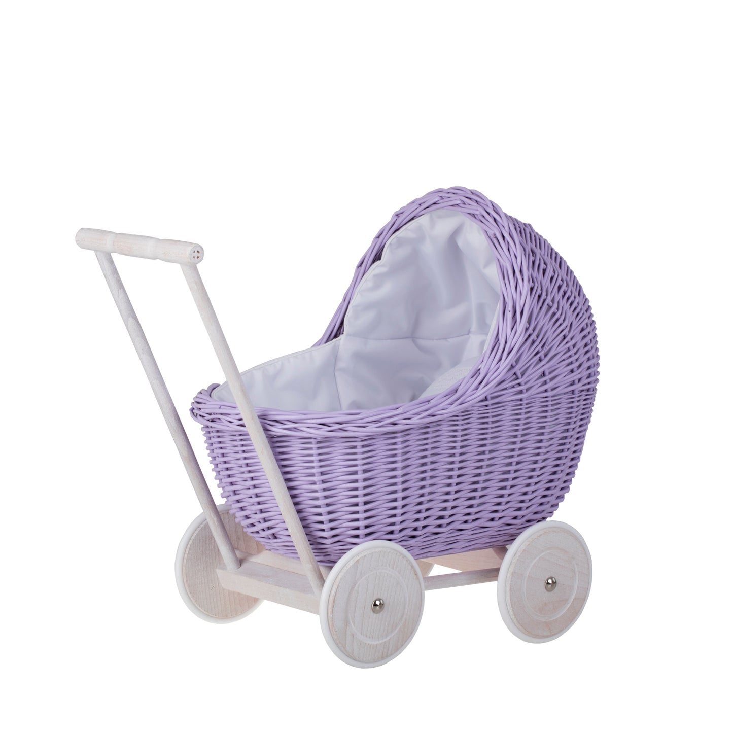 Lili wicker doll stroller with white trim, blanket, and pillow