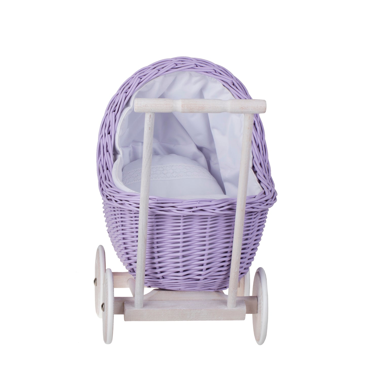 Lili wicker doll stroller with white trim, blanket, and pillow