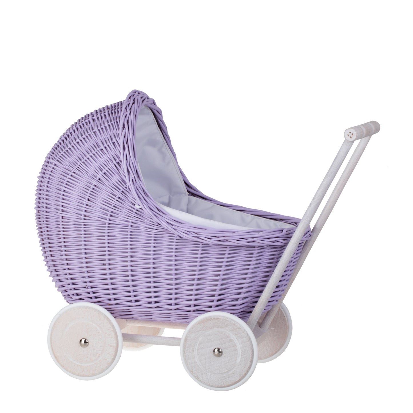 Lili wicker doll stroller with white trim, blanket, and pillow