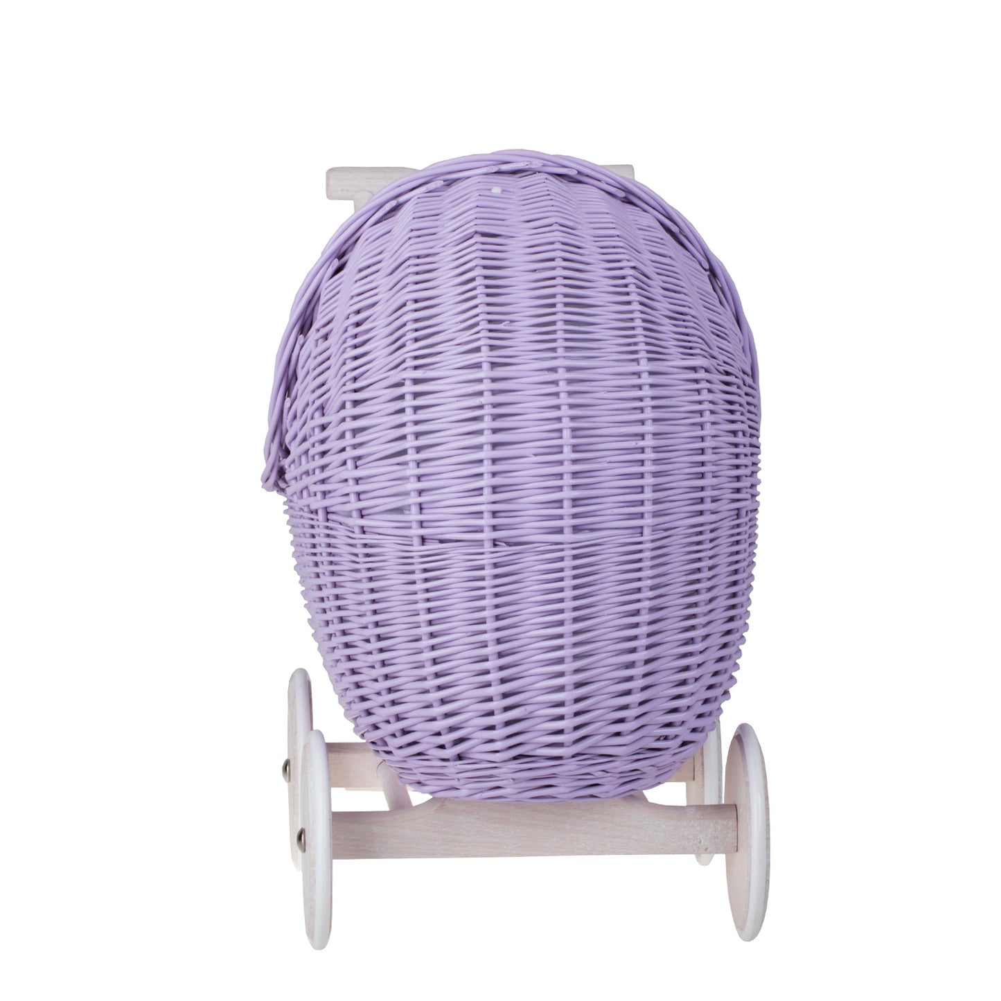 Lili wicker doll stroller with white trim, blanket, and pillow