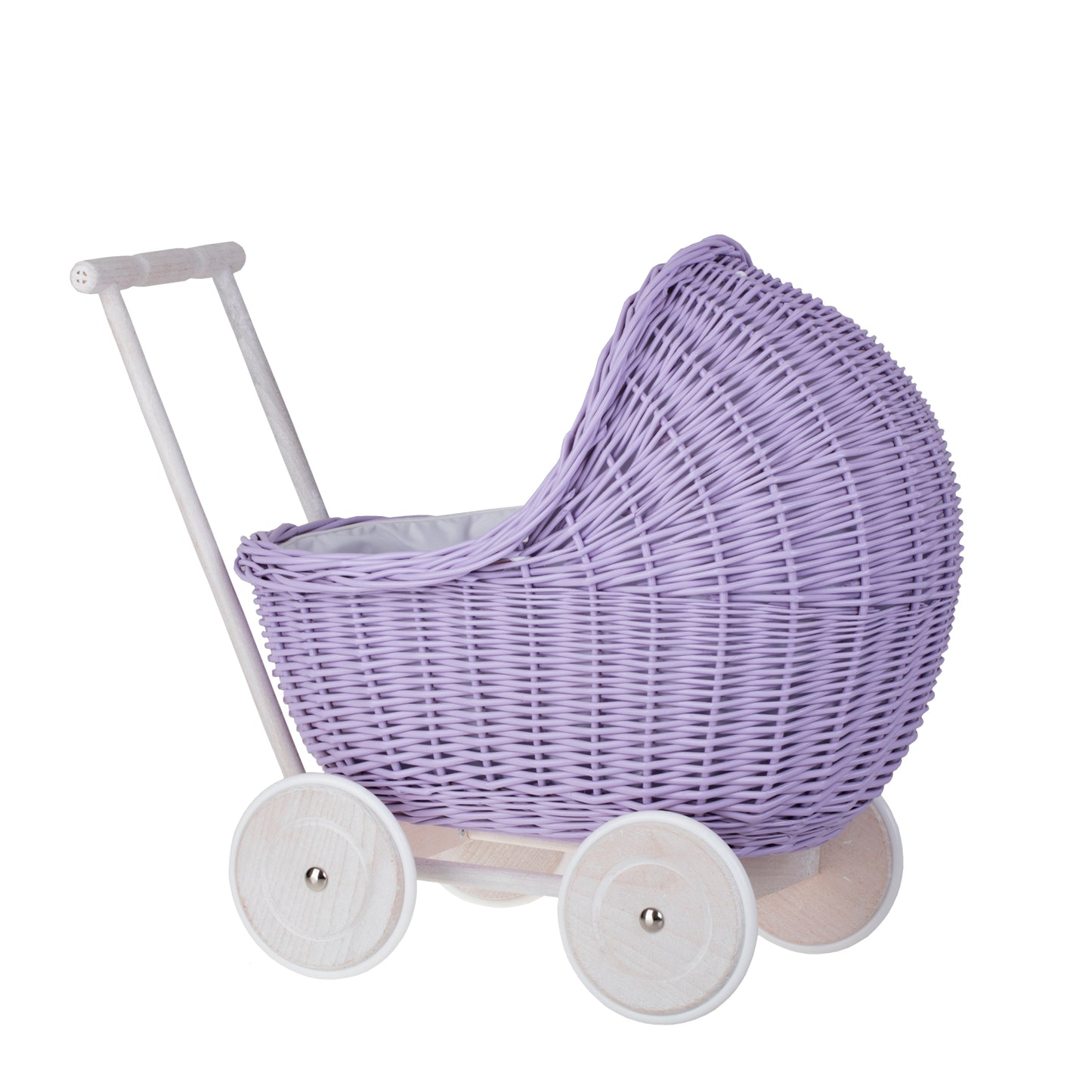 Lili wicker doll stroller with white trim, blanket, and pillow