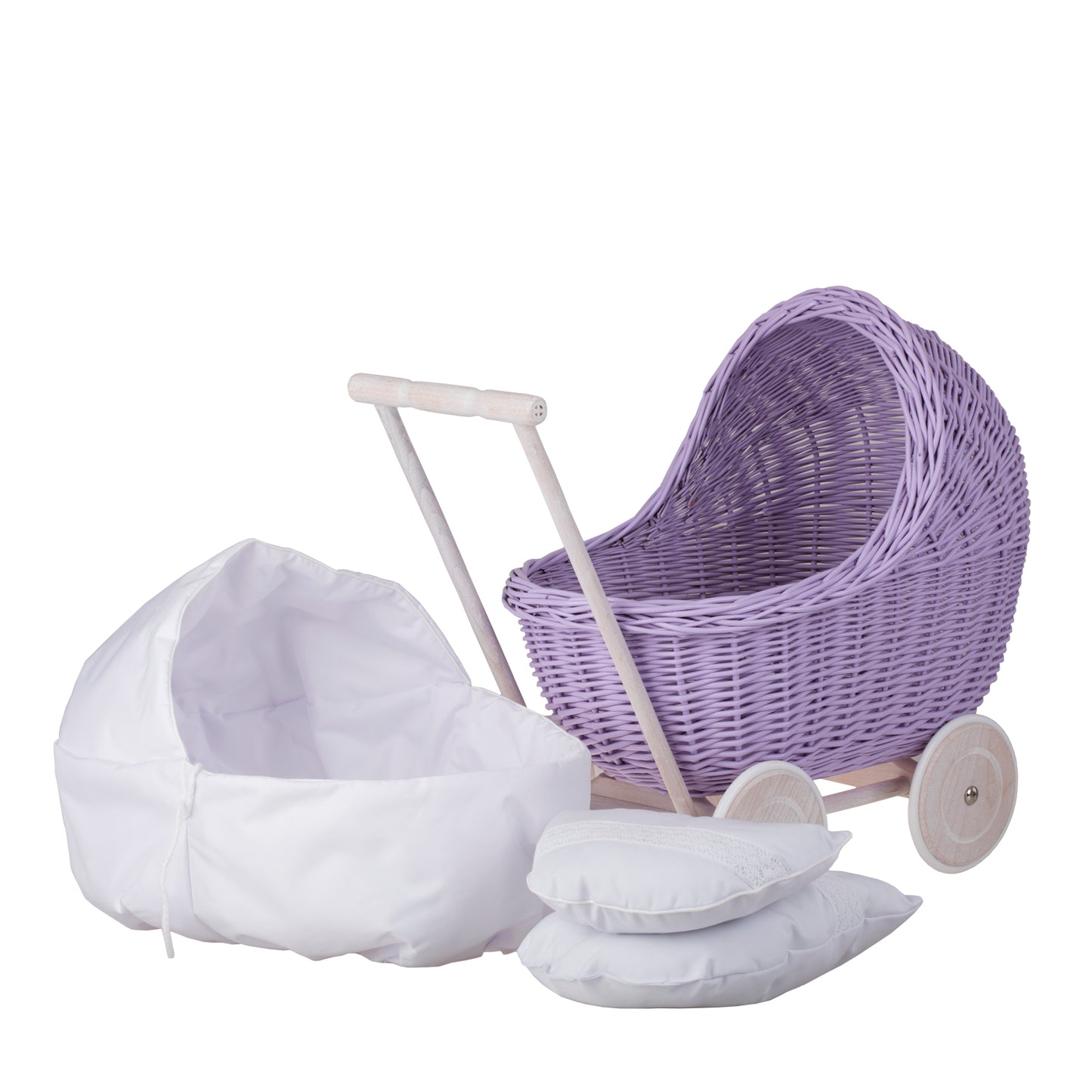 Lili wicker doll stroller with white trim, blanket, and pillow