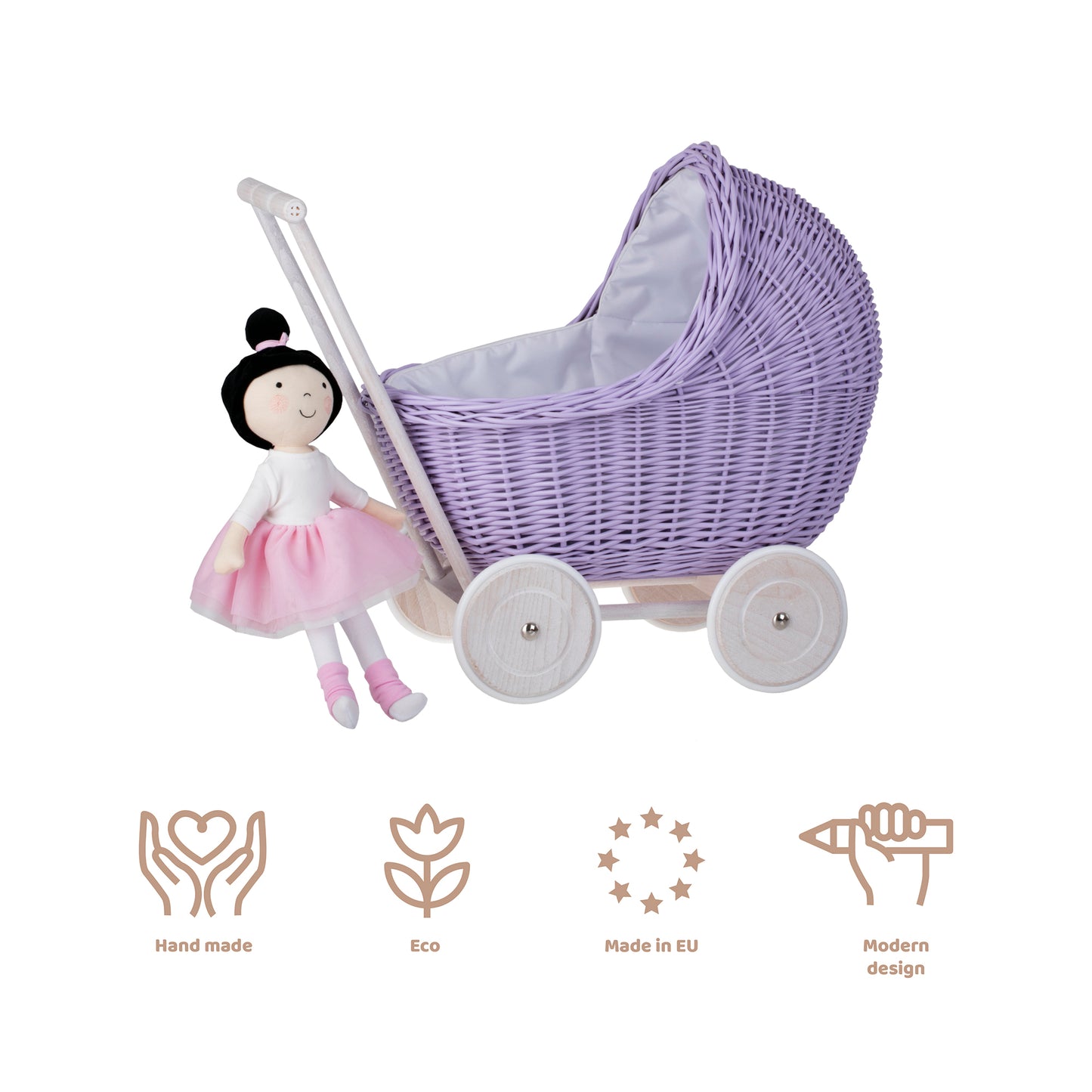 Lili wicker doll stroller with white trim, blanket, and pillow