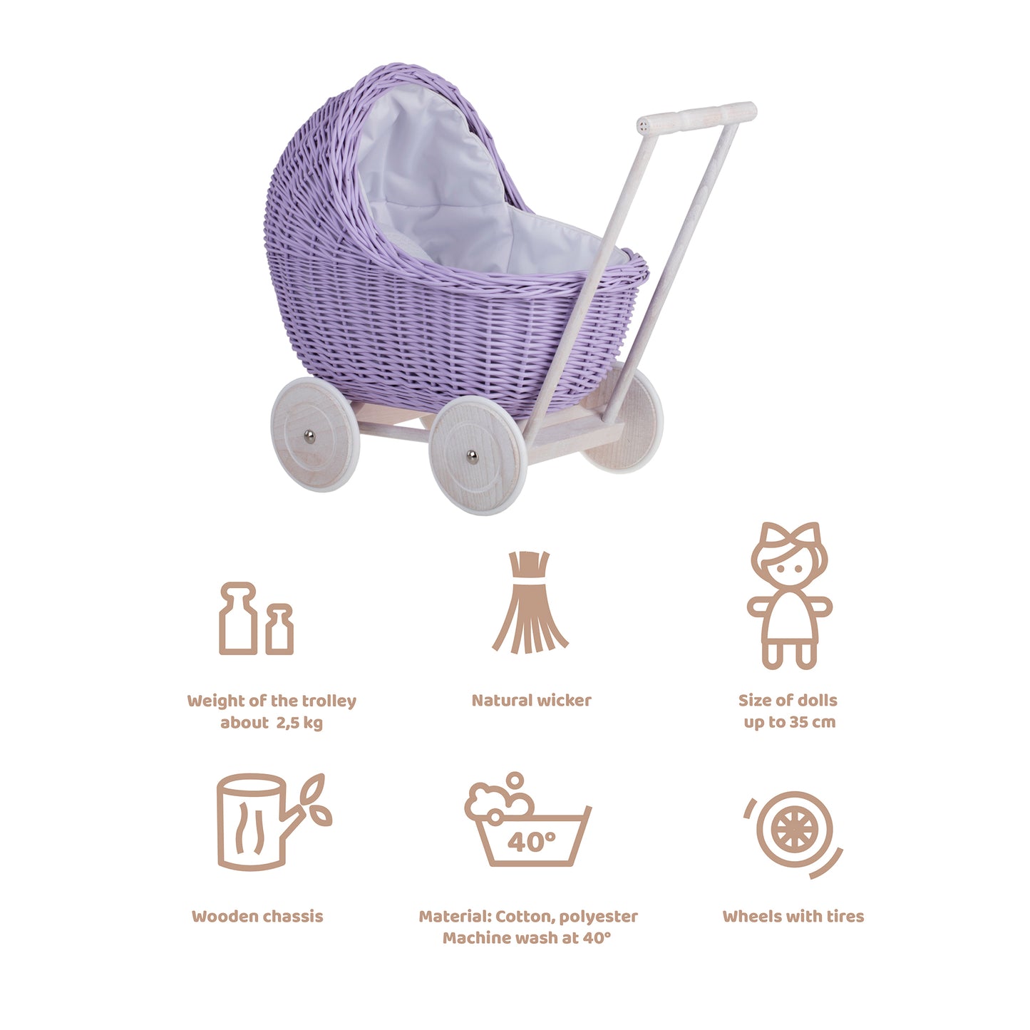 Lili wicker doll stroller with white trim, blanket, and pillow