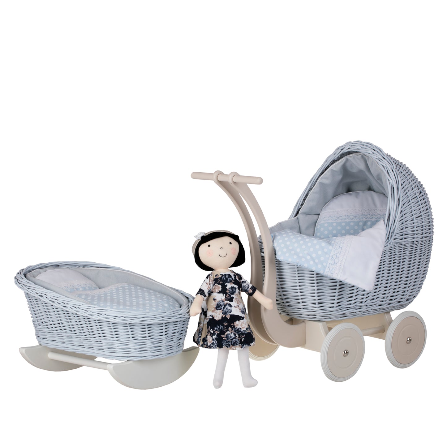 Lili rieten poppenwagen en wieg met blauwe bies, dekentje en kussen