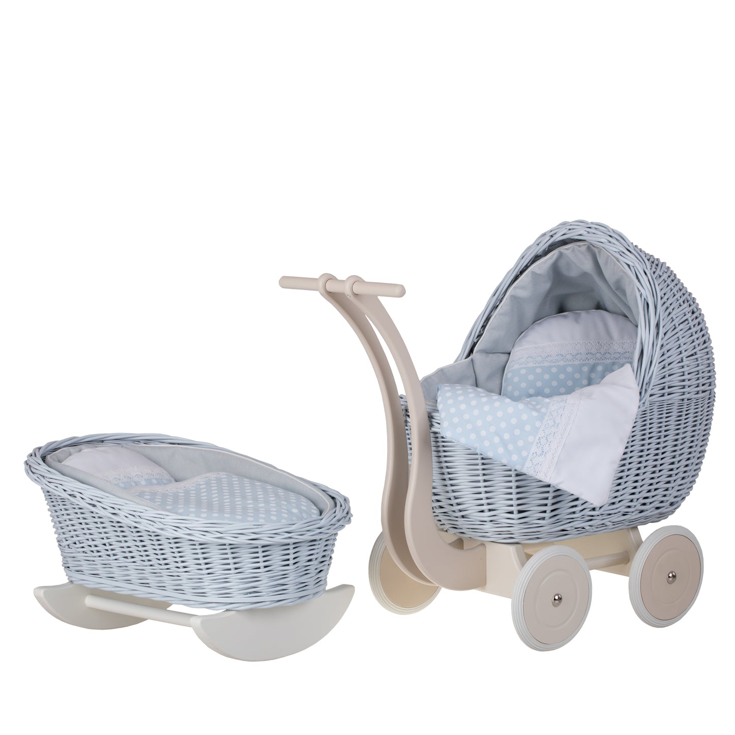 Lili rieten poppenwagen en wieg met blauwe bies, dekentje en kussen