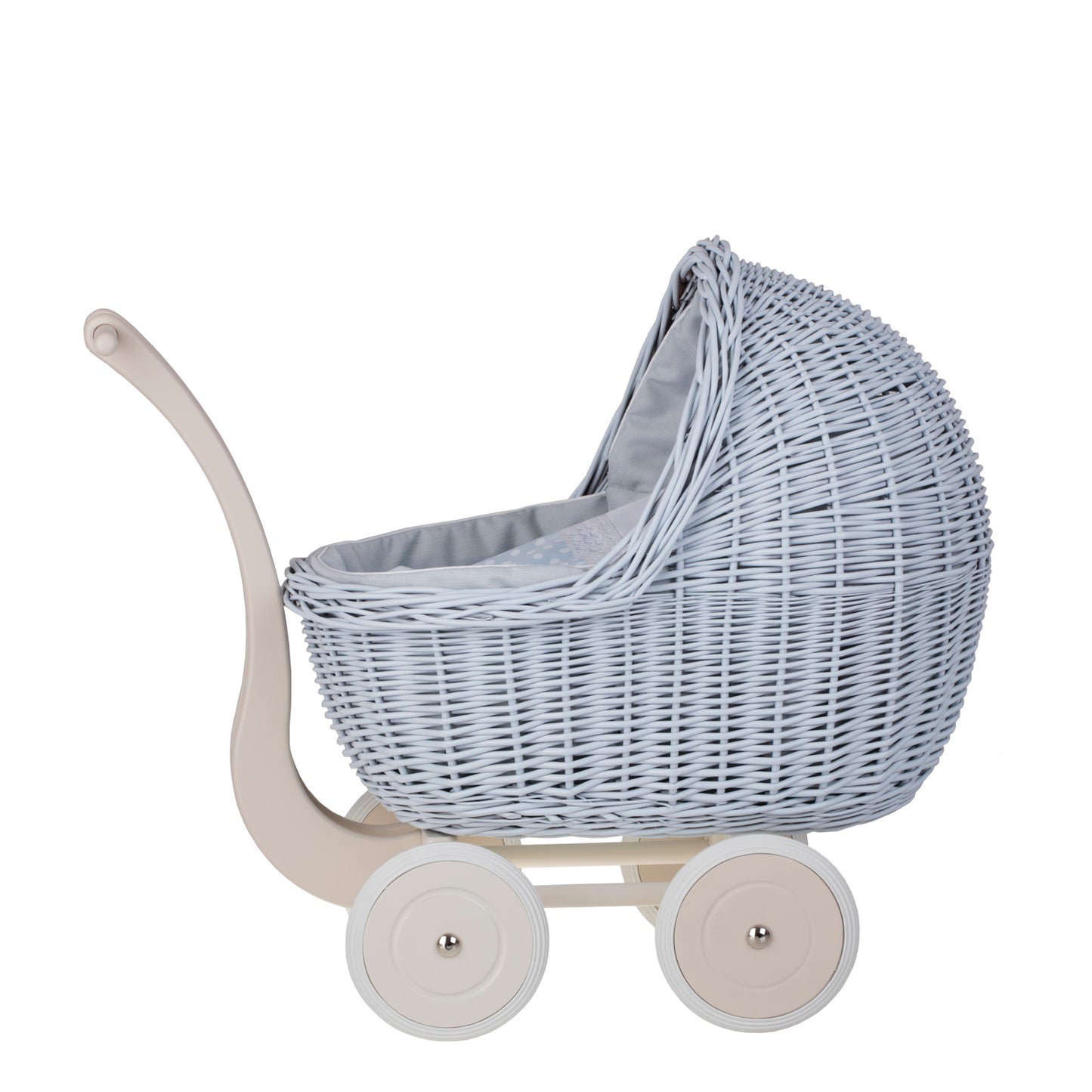 Lili wicker doll stroller with blue trim, blanket, and pillow