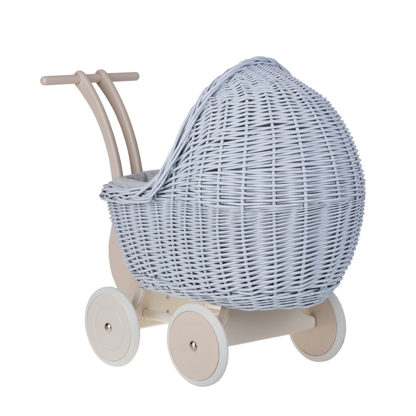Lili wicker doll stroller with blue trim, blanket, and pillow