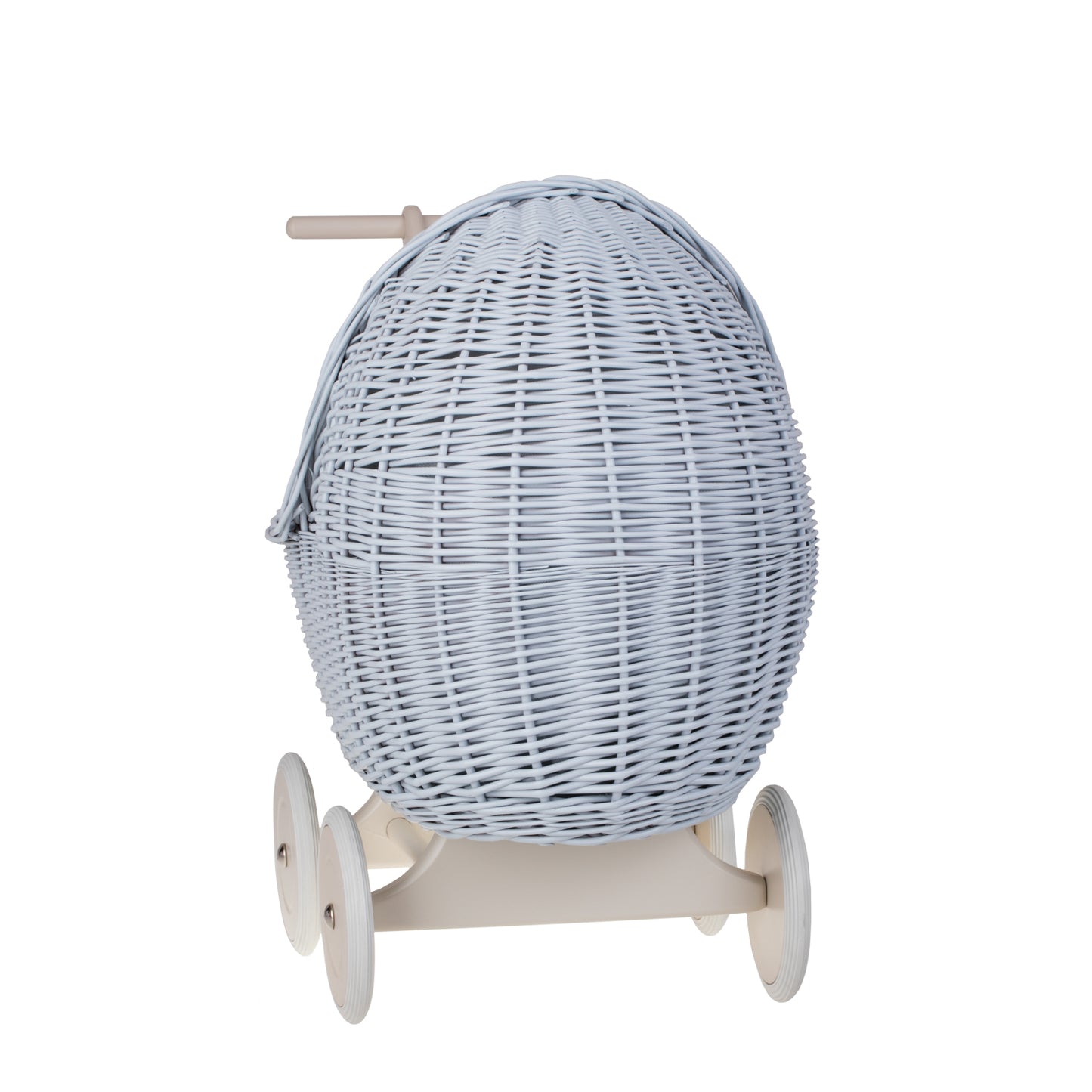 Lili wicker doll stroller with blue trim, blanket, and pillow