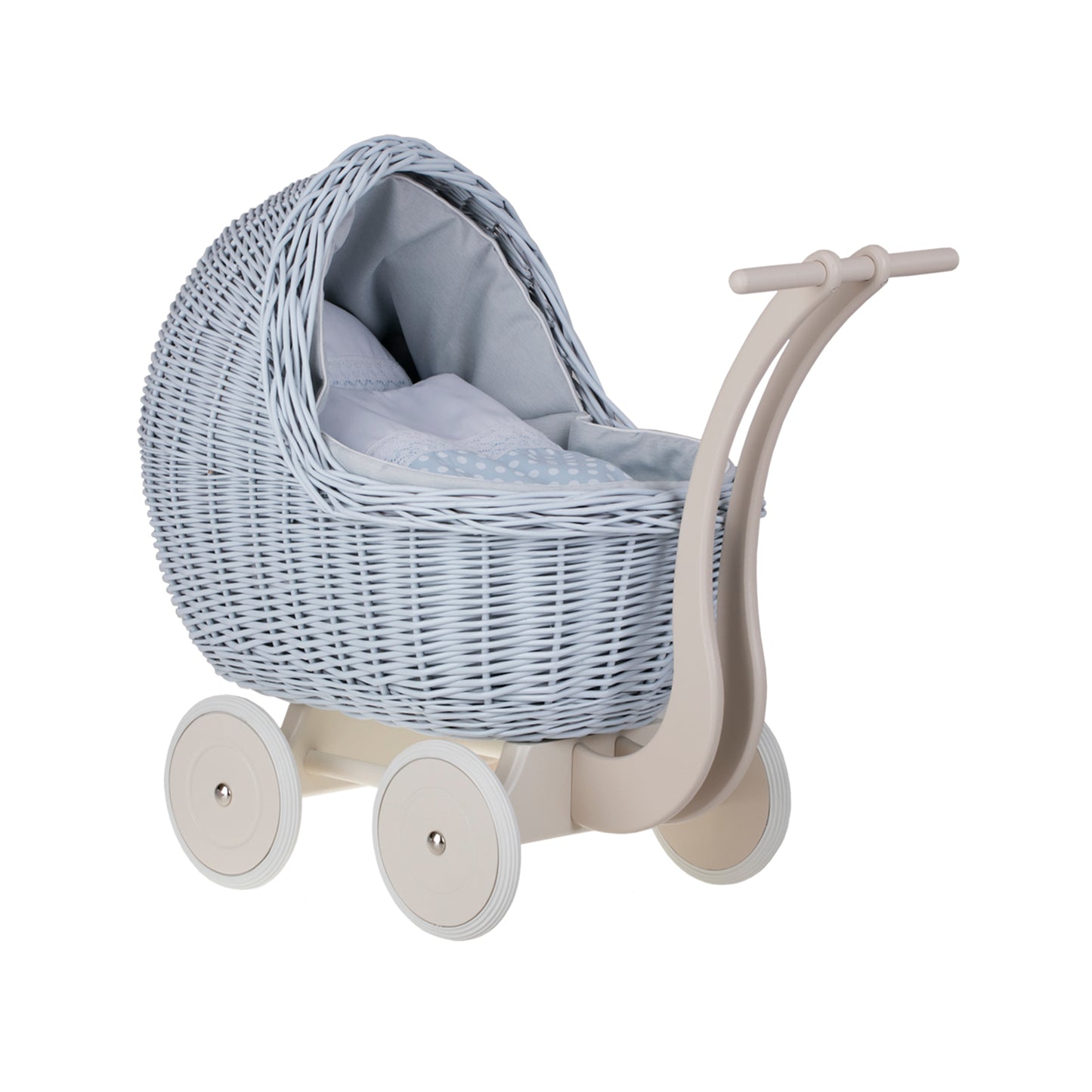 Lili rieten poppenwagen en wieg met blauwe bies, dekentje en kussen
