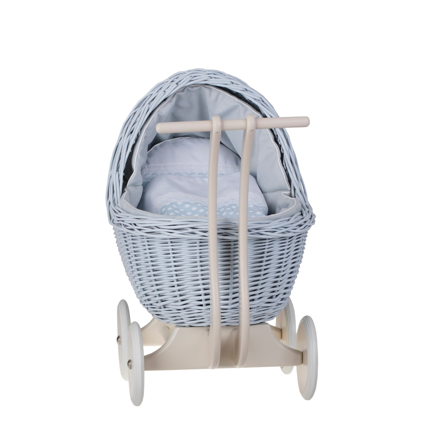 Lili wicker doll stroller with blue trim, blanket, and pillow