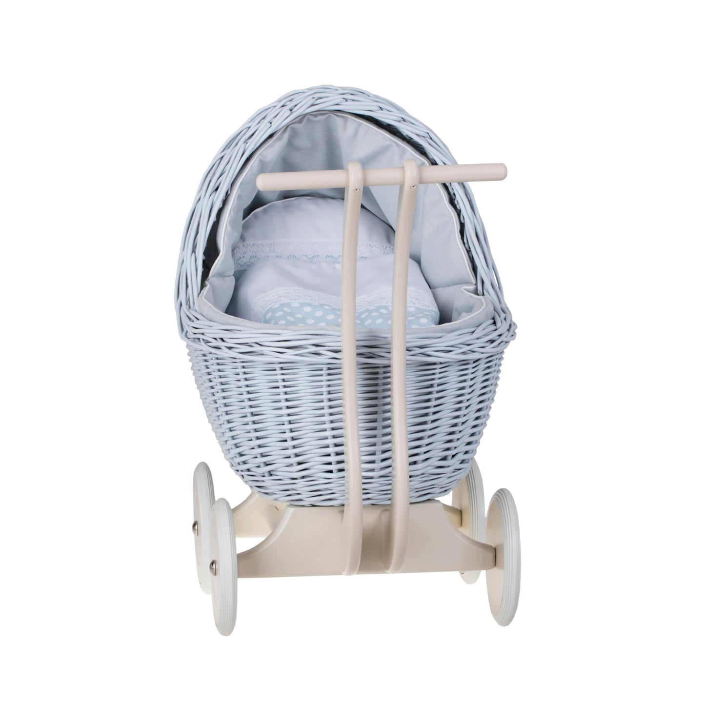 Lili wicker stroller and cradle for dolls with blue trim, blanket, and pillow TheWickerStories