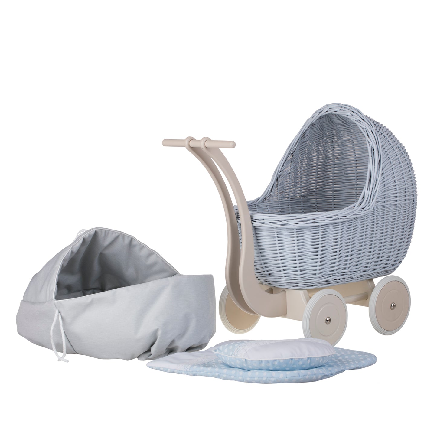 Lili wicker doll stroller with blue trim, blanket, and pillow