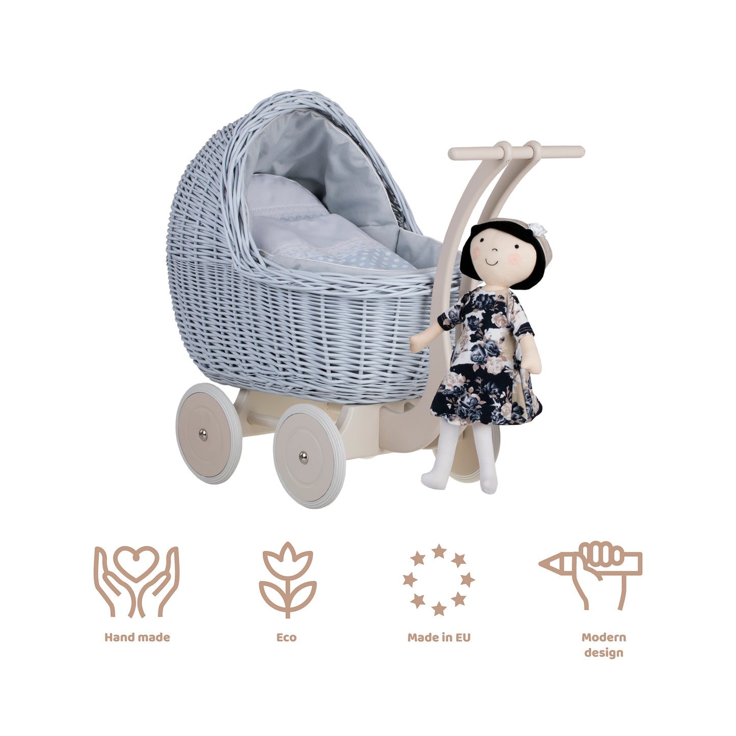 Lili wicker doll stroller with blue trim, blanket, and pillow
