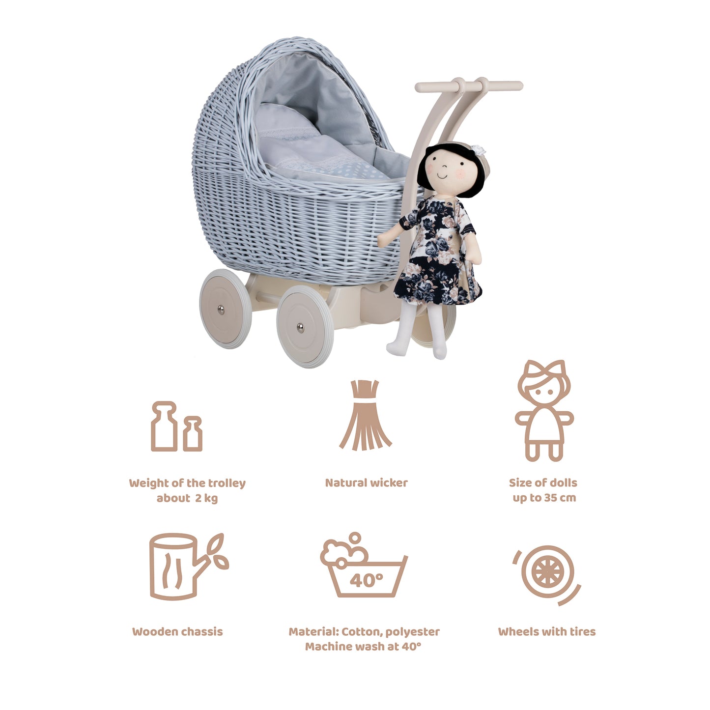 Lili wicker doll stroller with blue trim, blanket, and pillow