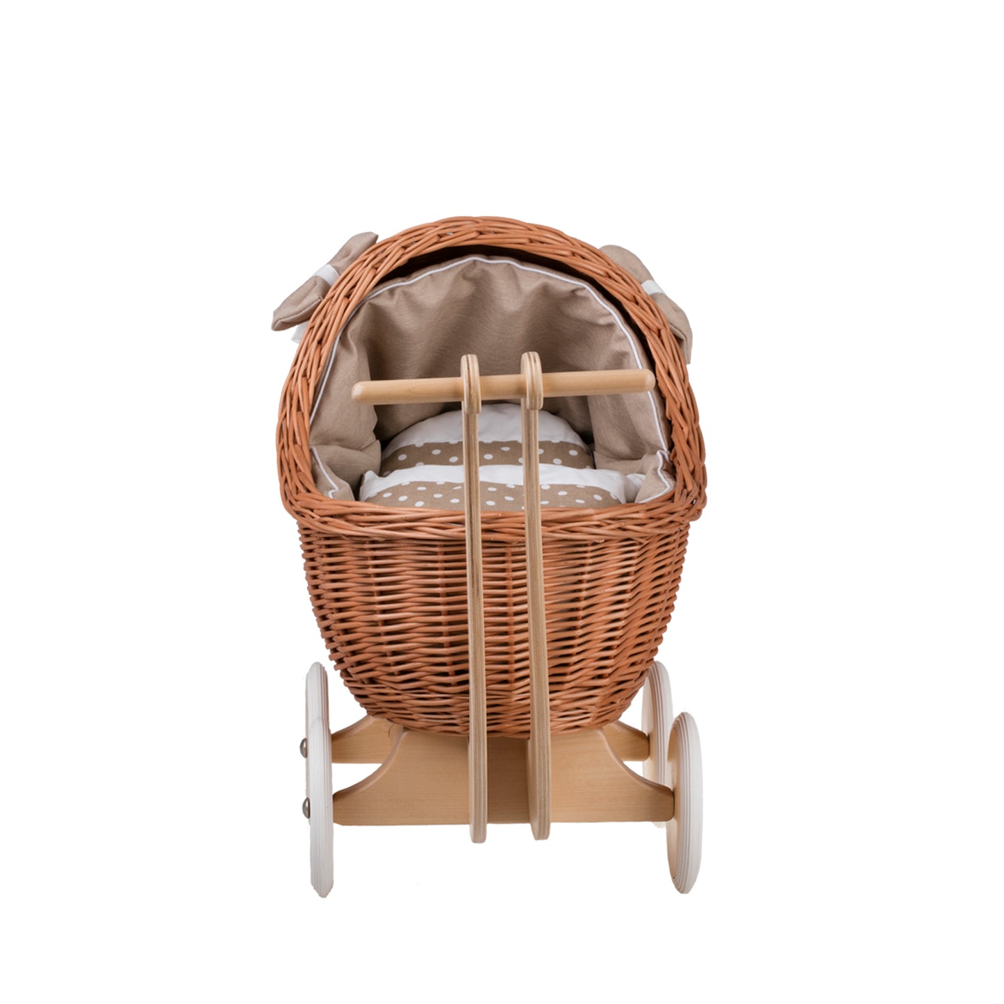 Lili wicker doll stroller with beige trim, blanket, and pillow