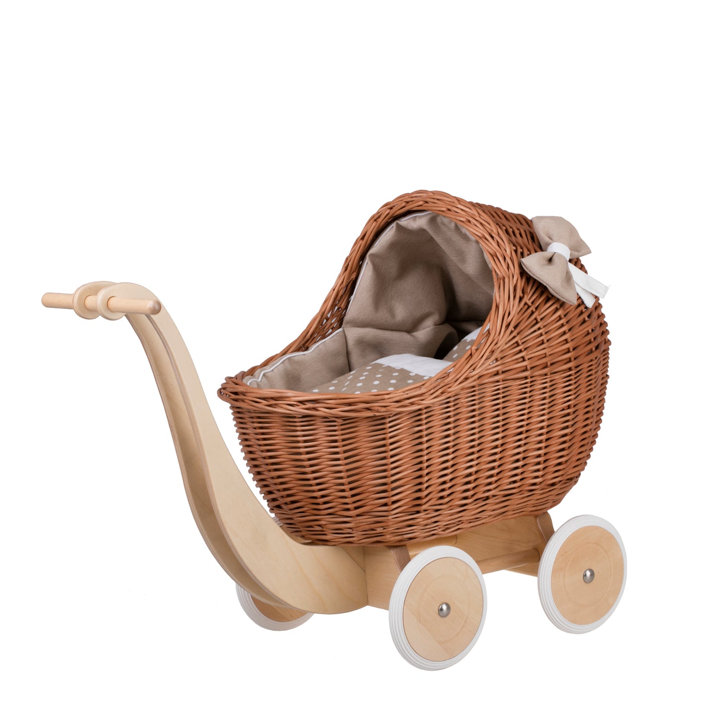 Lili wicker doll stroller with beige trim, blanket, and pillow