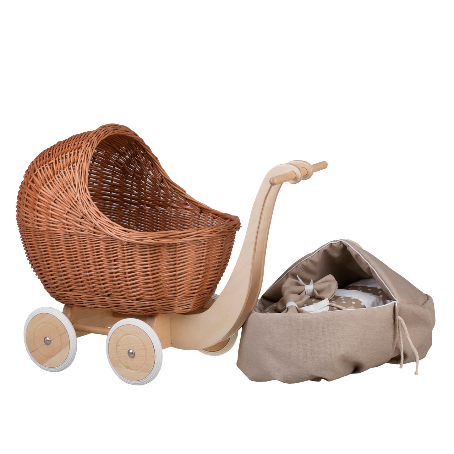 Lili wicker doll stroller with beige trim, blanket, and pillow