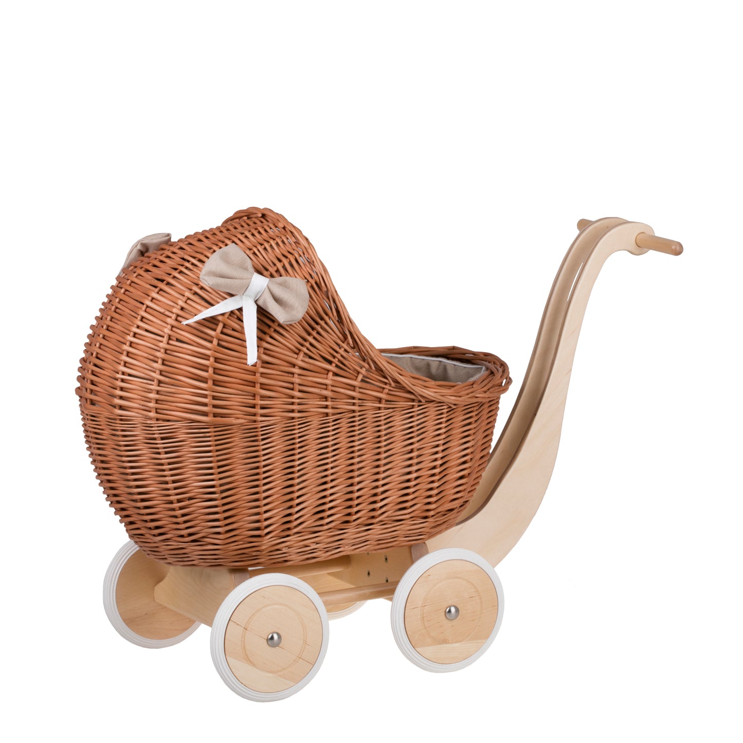 Lili wicker doll stroller with beige trim, blanket, and pillow
