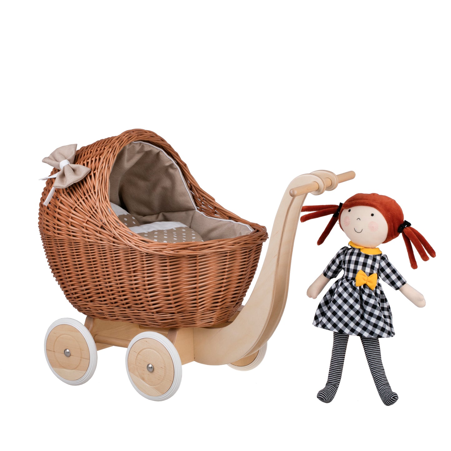 Lili wicker doll stroller with beige trim, blanket, and pillow