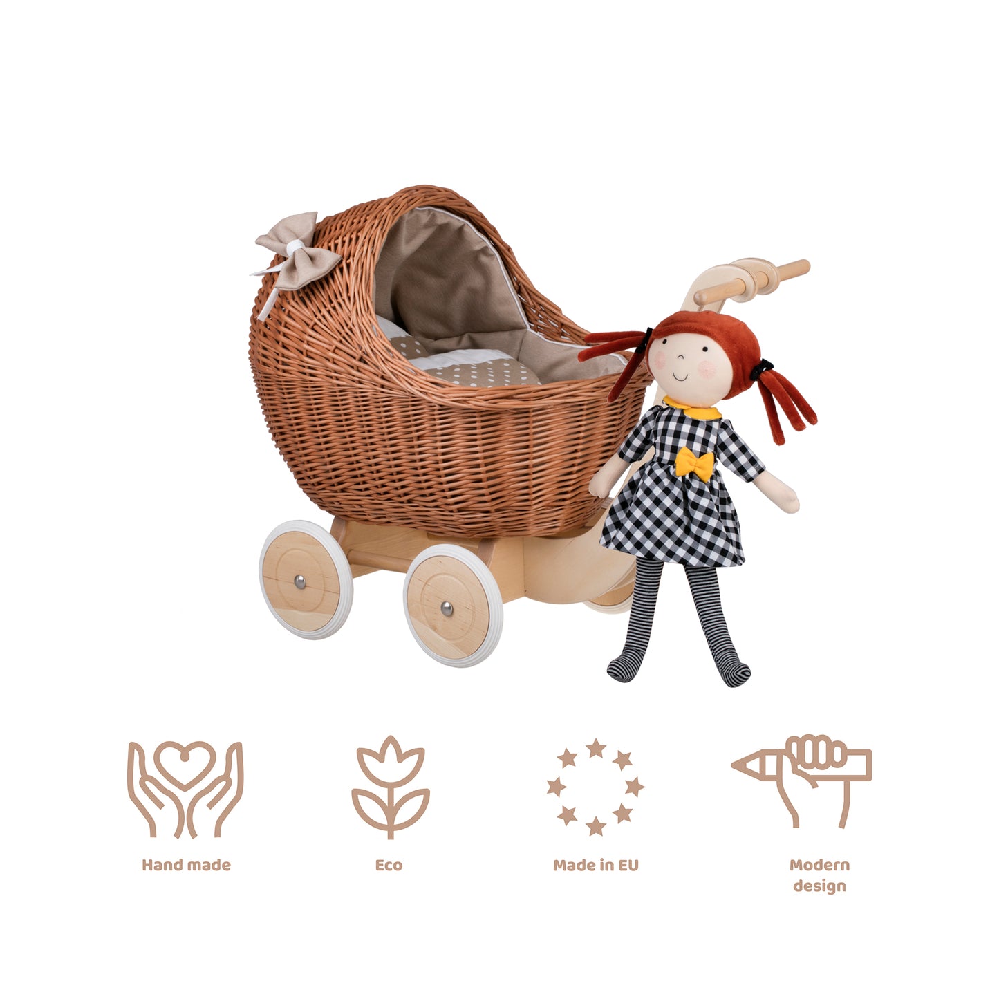 Lili wicker doll stroller with beige trim, blanket, and pillow