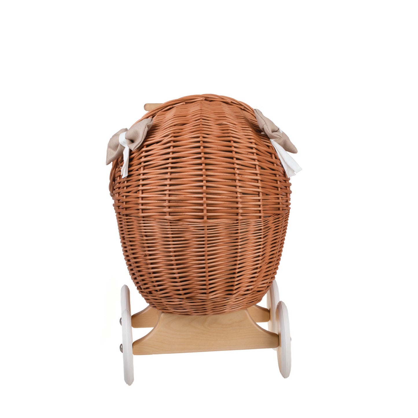 Lili wicker doll stroller with beige trim, blanket, and pillow