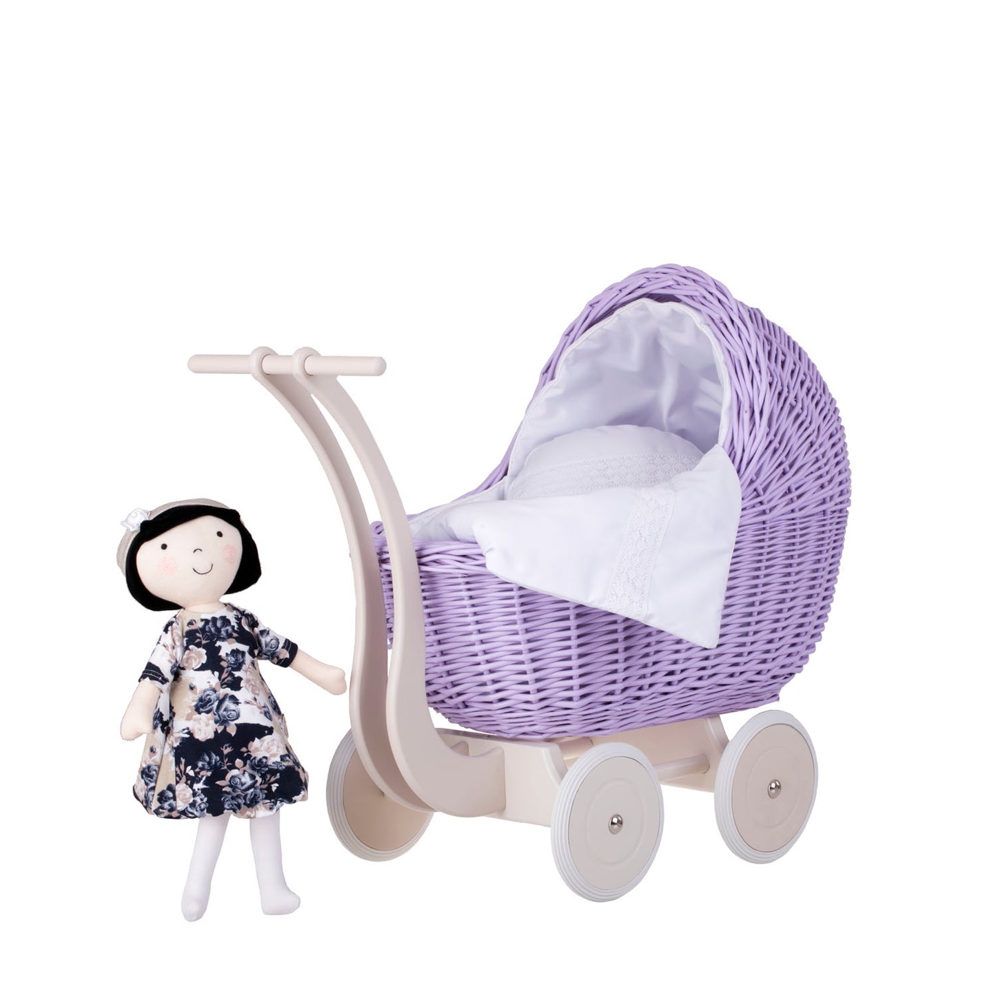 Lili coche de mimbre para muñecas con ribete blanco, edredón y almohada