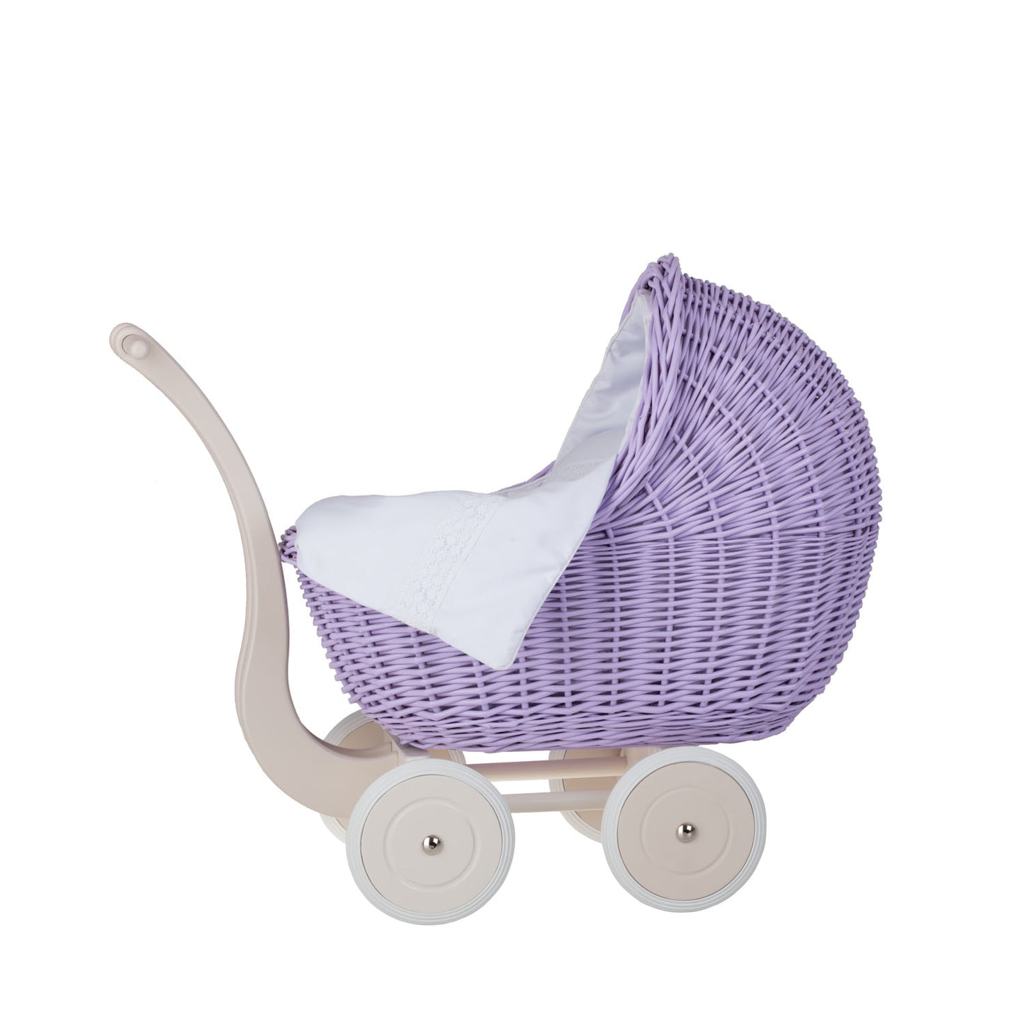 Lili coche de mimbre para muñecas con ribete blanco, edredón y almohada