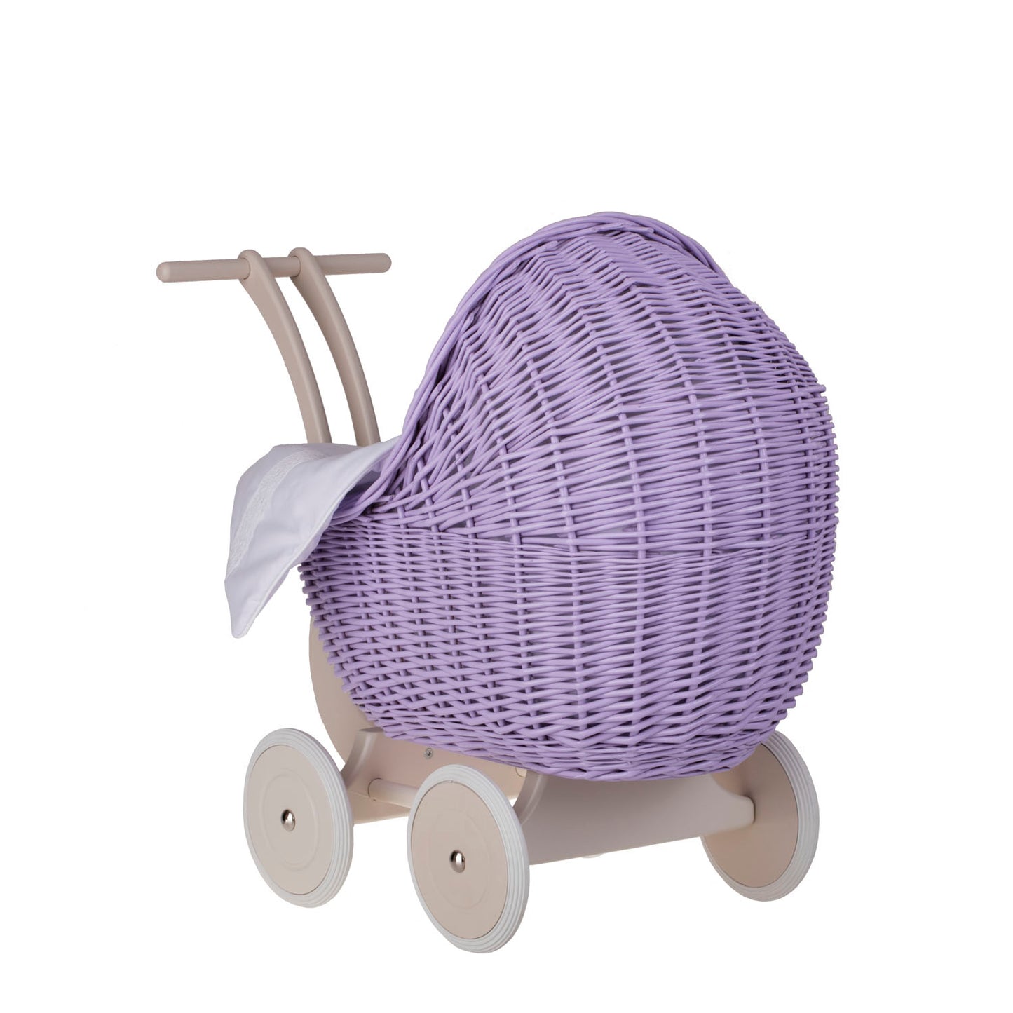 Lili coche de mimbre para muñecas con ribete blanco, edredón y almohada