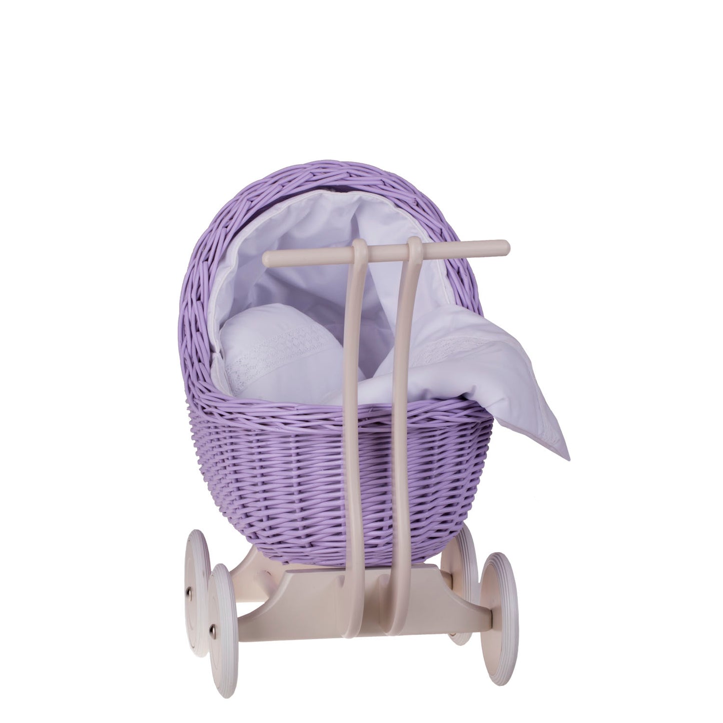 Lili coche de mimbre para muñecas con ribete blanco, edredón y almohada