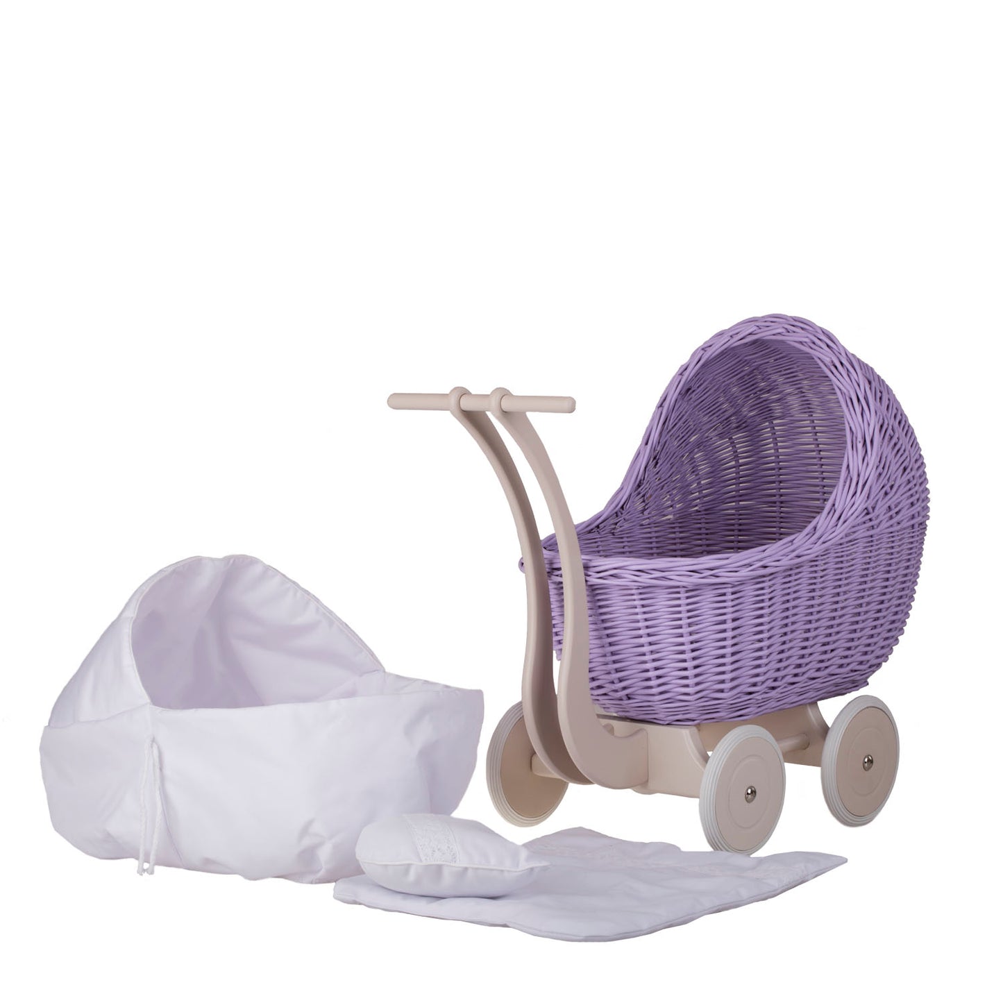 Lili coche de mimbre para muñecas con ribete blanco, edredón y almohada