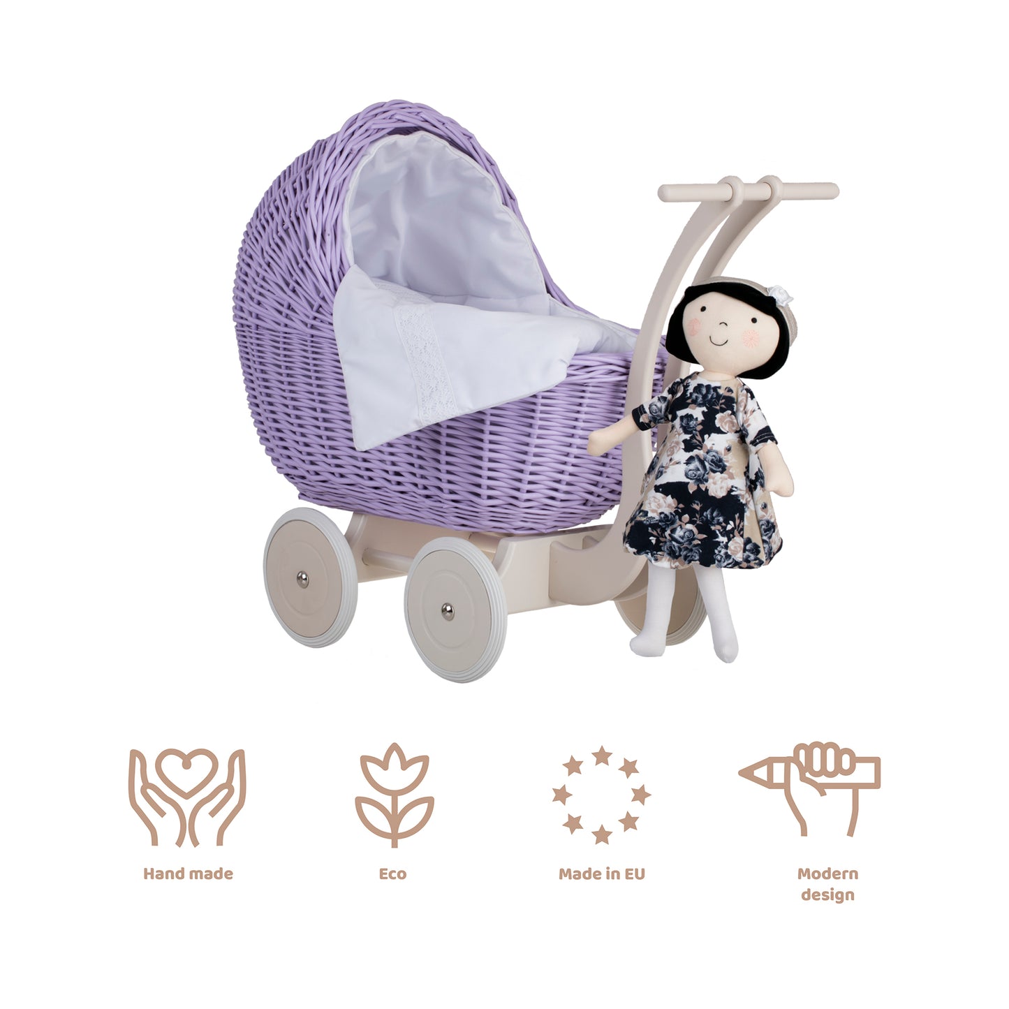 Lili coche de mimbre para muñecas con ribete blanco, edredón y almohada