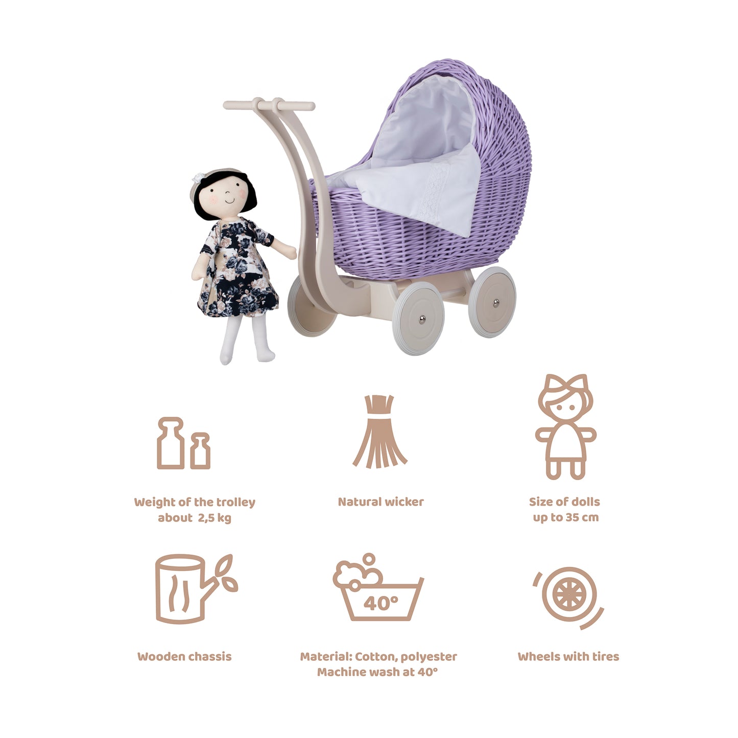 Lili coche de mimbre para muñecas con ribete blanco, edredón y almohada
