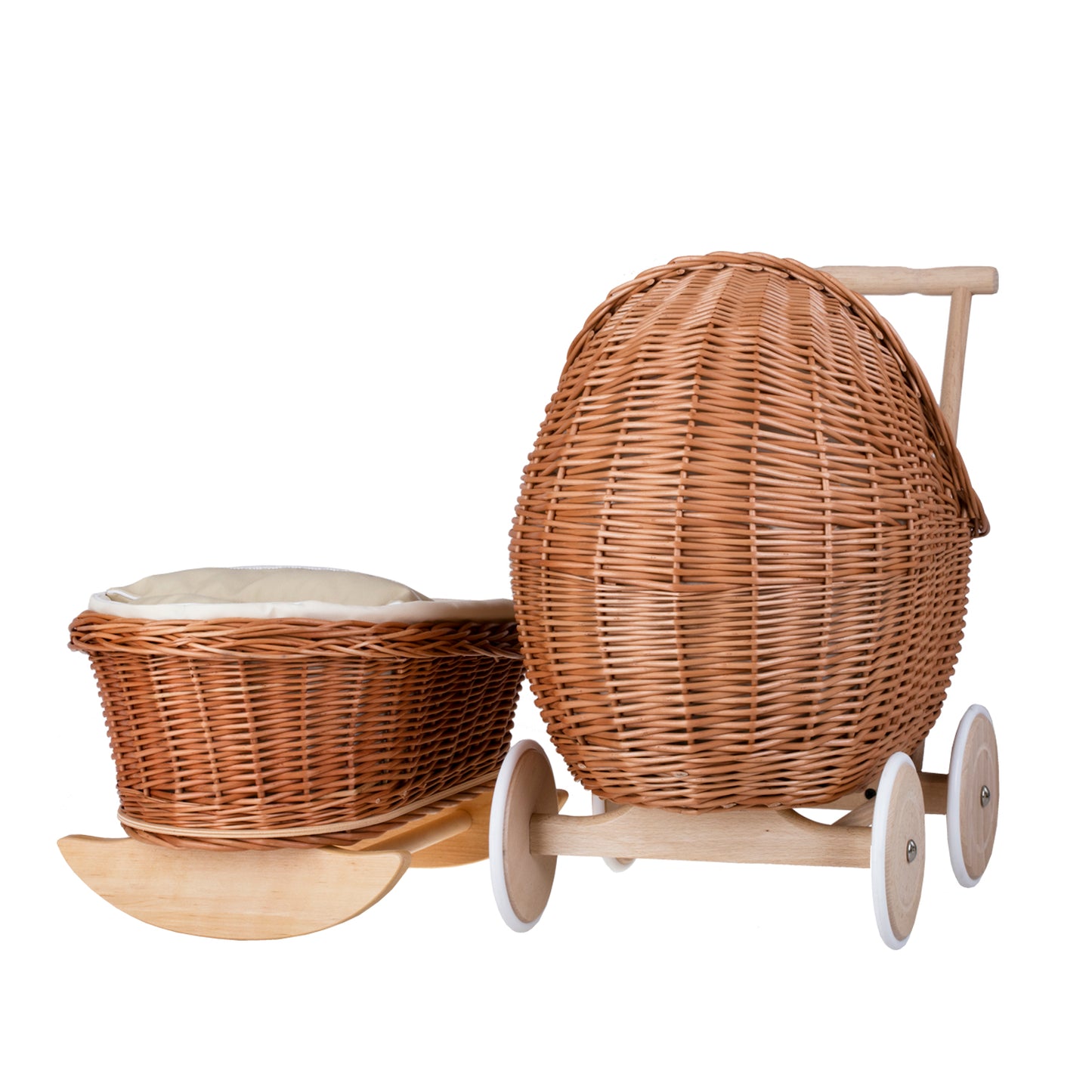 Lili fonott babakocsi és bölcső babáknak bézs szegéllyel, takaróval és párnával TheWickerStories