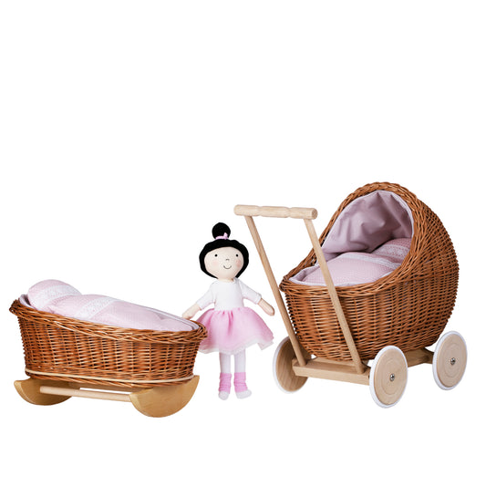 Kinderwagen und Wiege für Puppen aus Weide mit rosa Besatz, Decke und Kissen