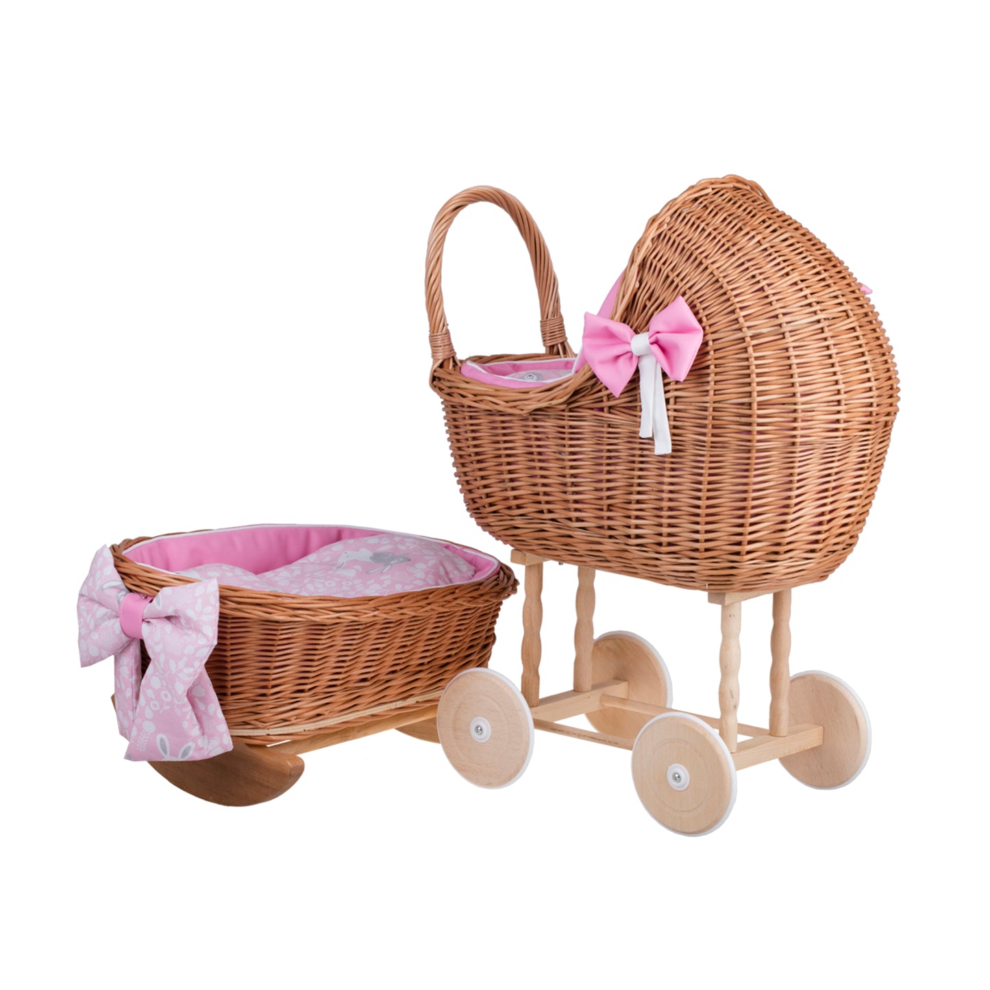 Lili wicker stroller and cradle for dolls with pink trim, blanket, and pillow