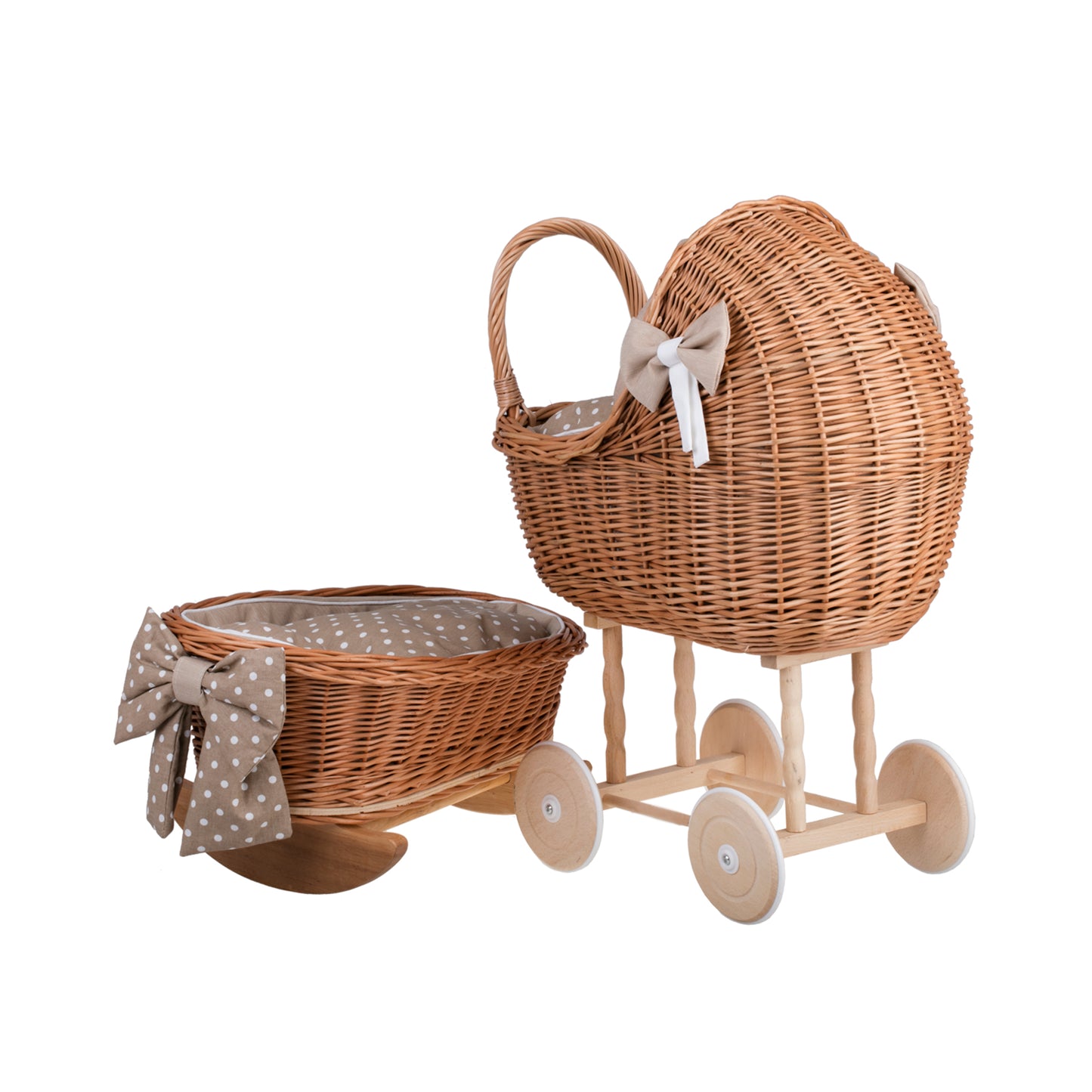 Lili wicker doll stroller and cradle with beige trim, blanket, and pillow