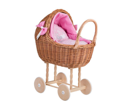 Lili wicker stroller and cradle for dolls with pink trim, blanket, and pillow