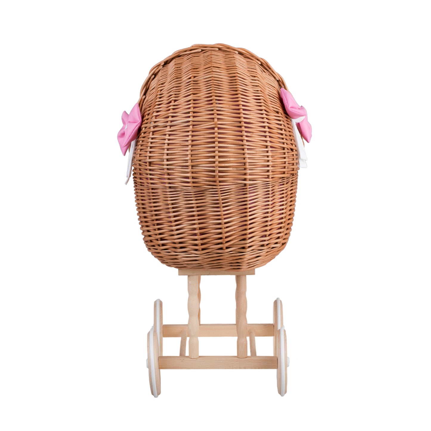 Lili wicker stroller and cradle for dolls with pink trim, blanket, and pillow
