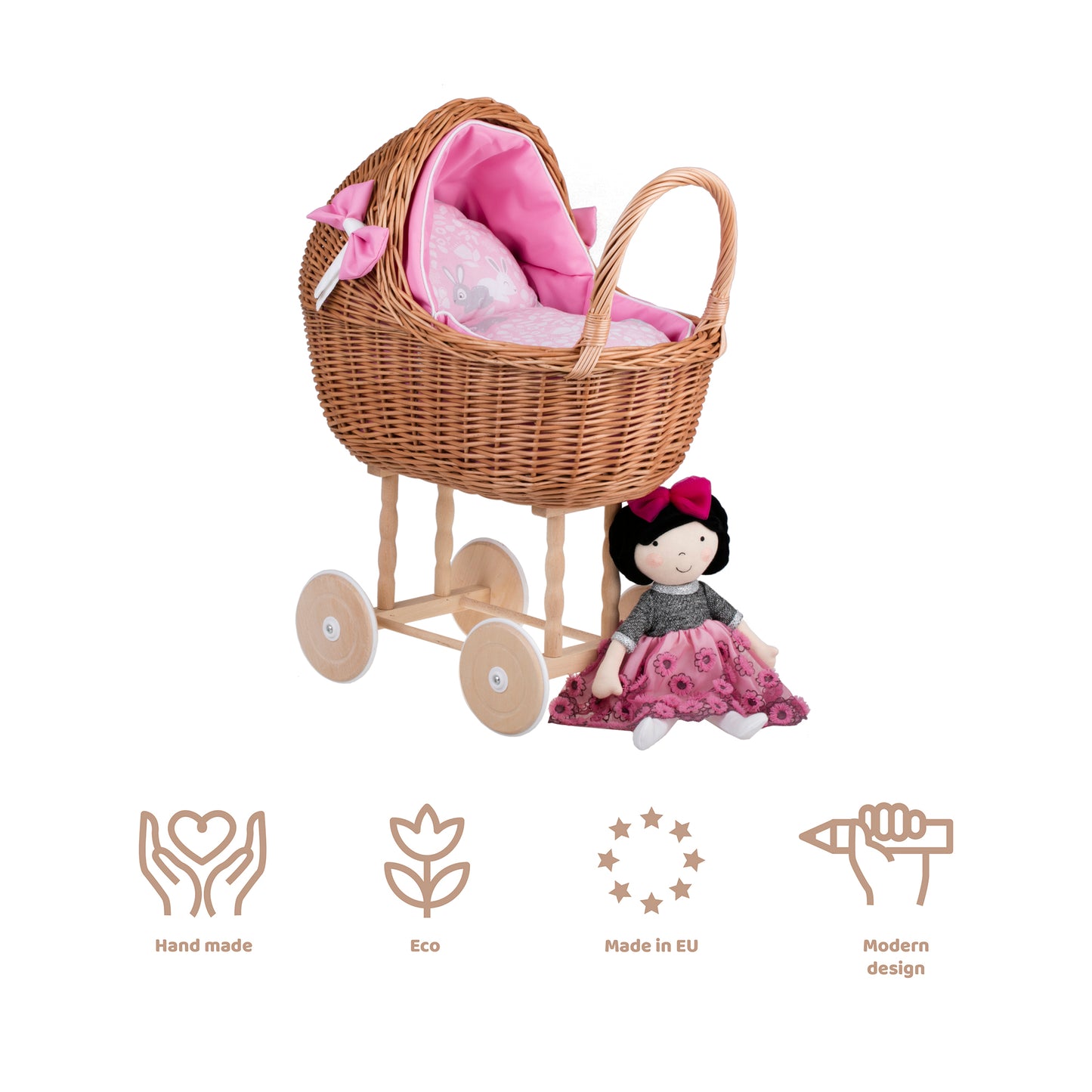 Lili wicker doll stroller with pink trim, blanket, and pillow