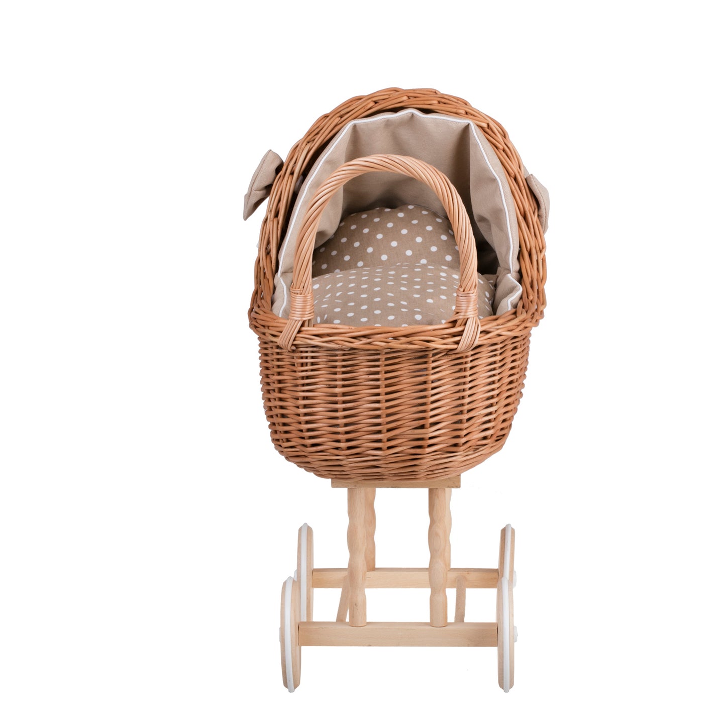 Lili wicker doll stroller and cradle with beige trim, blanket, and pillow