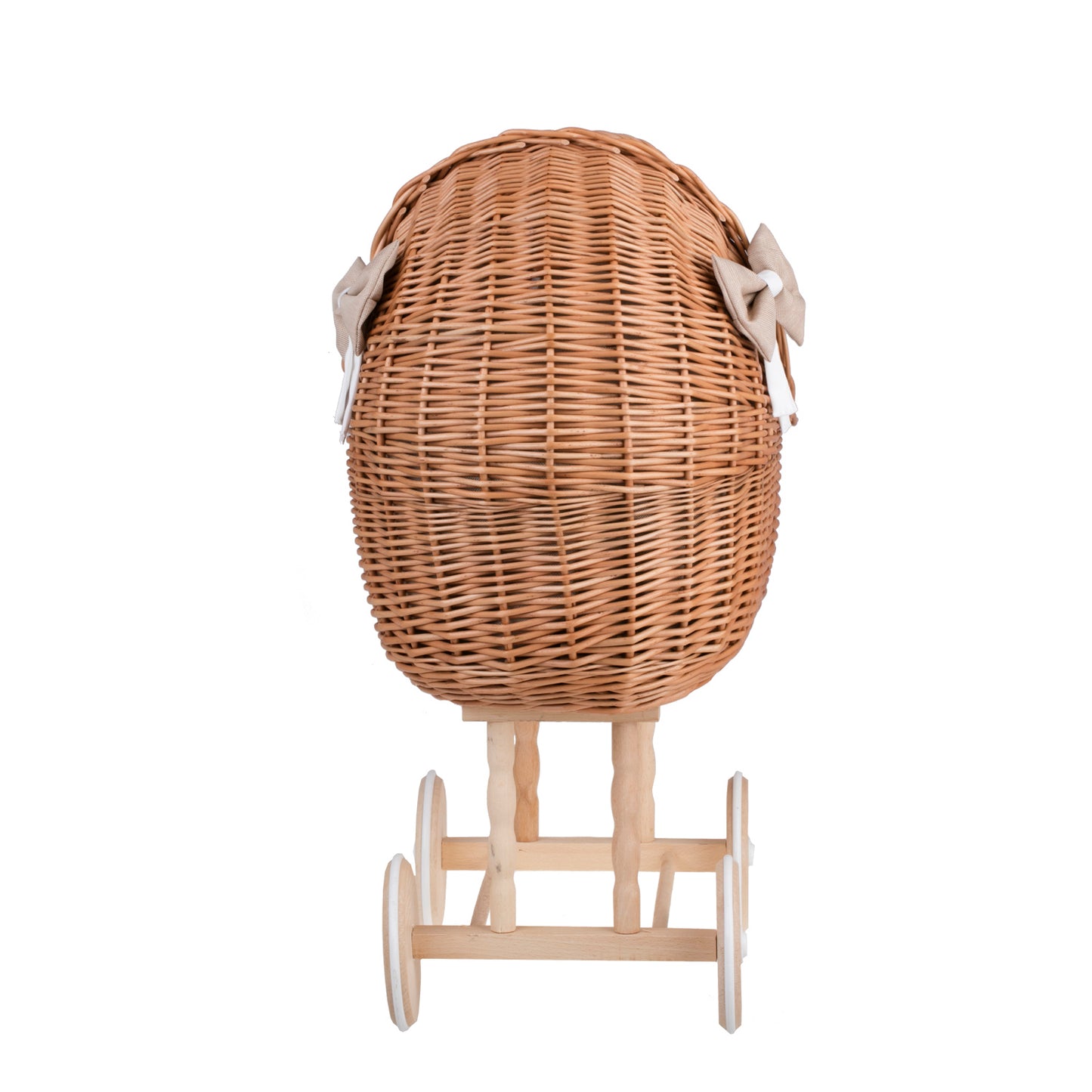Lili wicker doll stroller and cradle with beige trim, blanket, and pillow