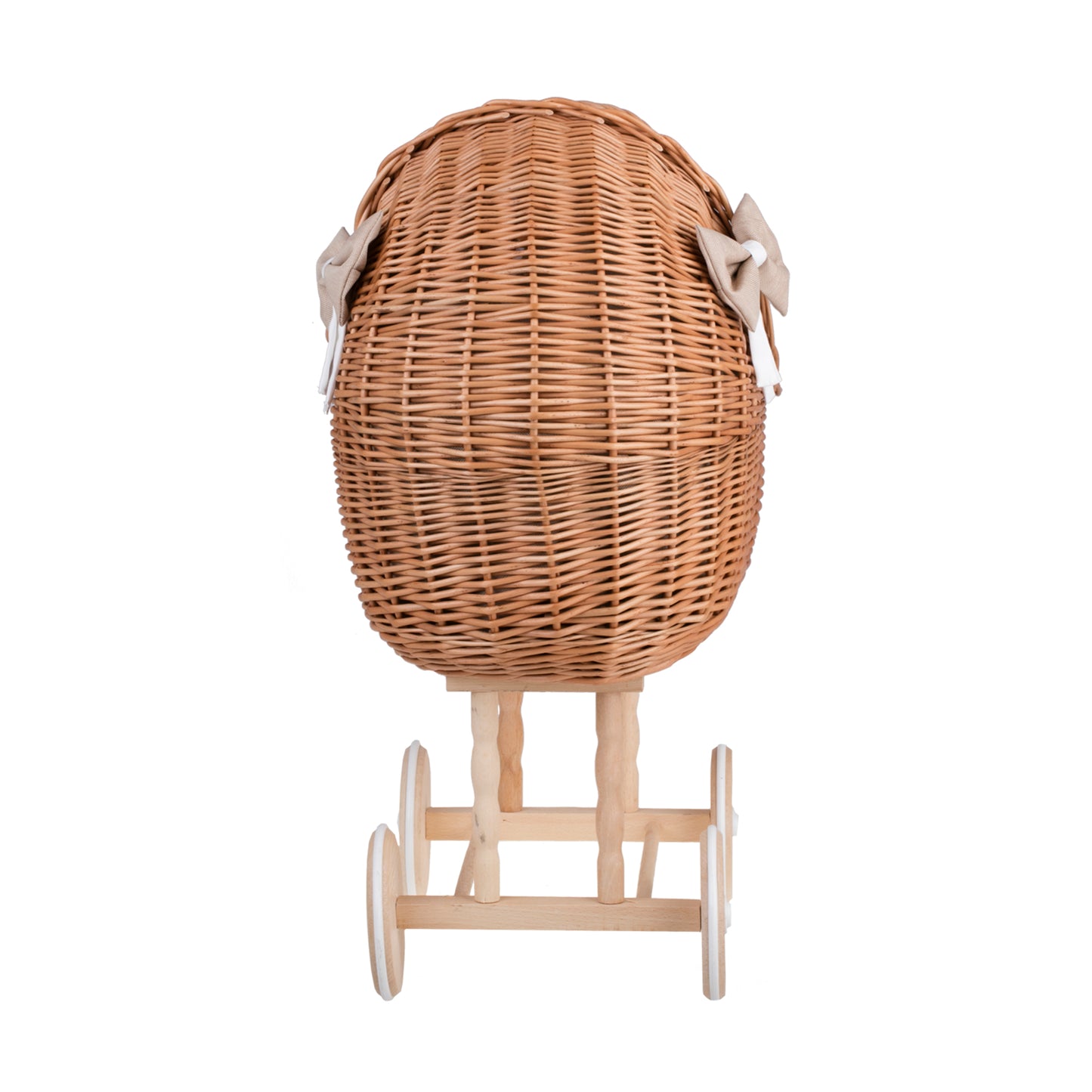 Lena wicker doll stroller with beige trim, blanket, and pillow TheWickerStories