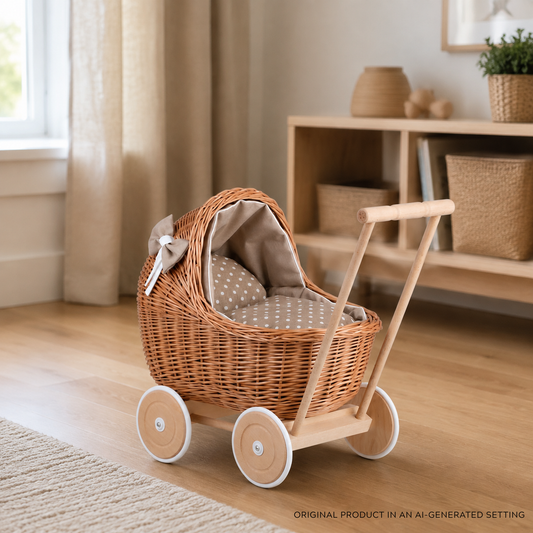 Lili wicker doll pram with bedding, wicker toy for children TheWickerStories