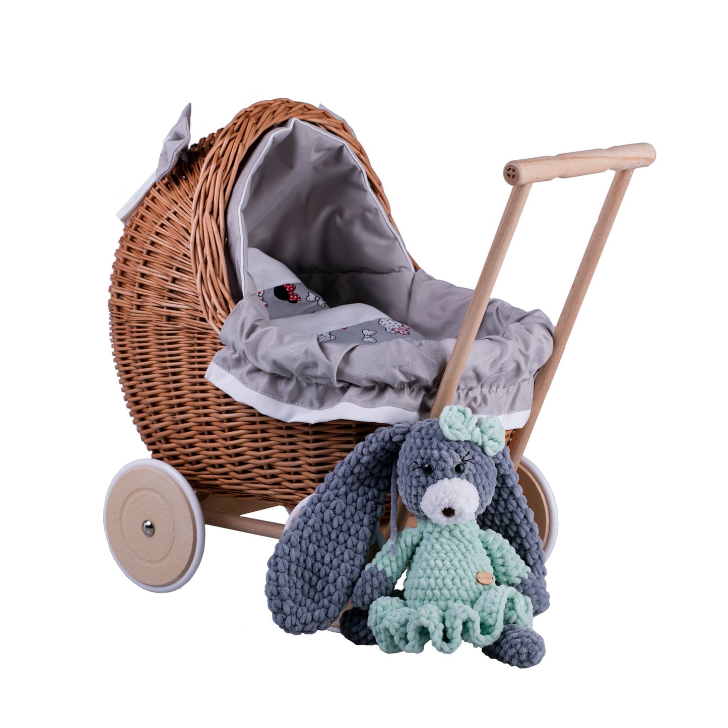 Lili wicker doll stroller with gray trim, blanket, and pillow