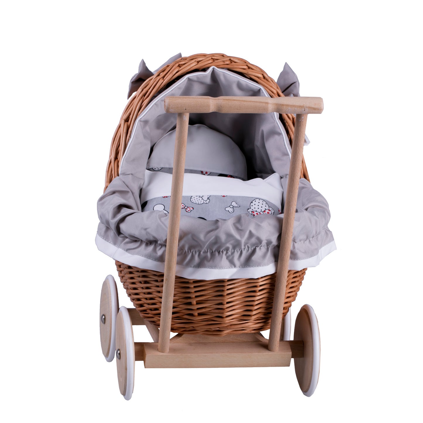 Lili wicker doll stroller with gray trim, blanket, and pillow